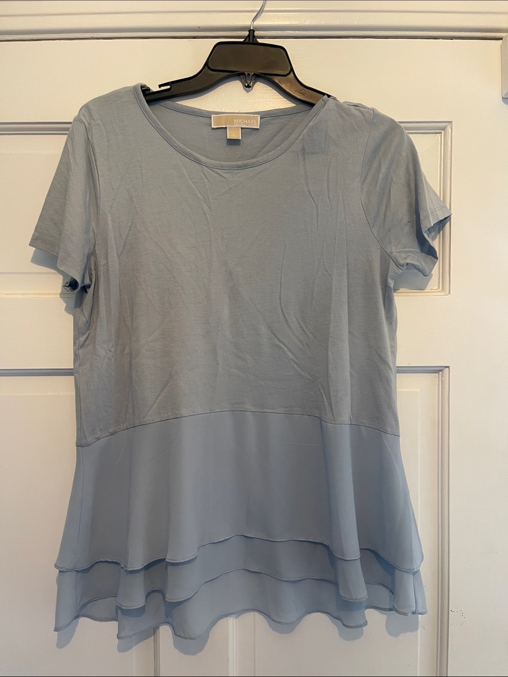 Michael Kors Light Blue Short Sleeve Layered Ruffle Hem Tee